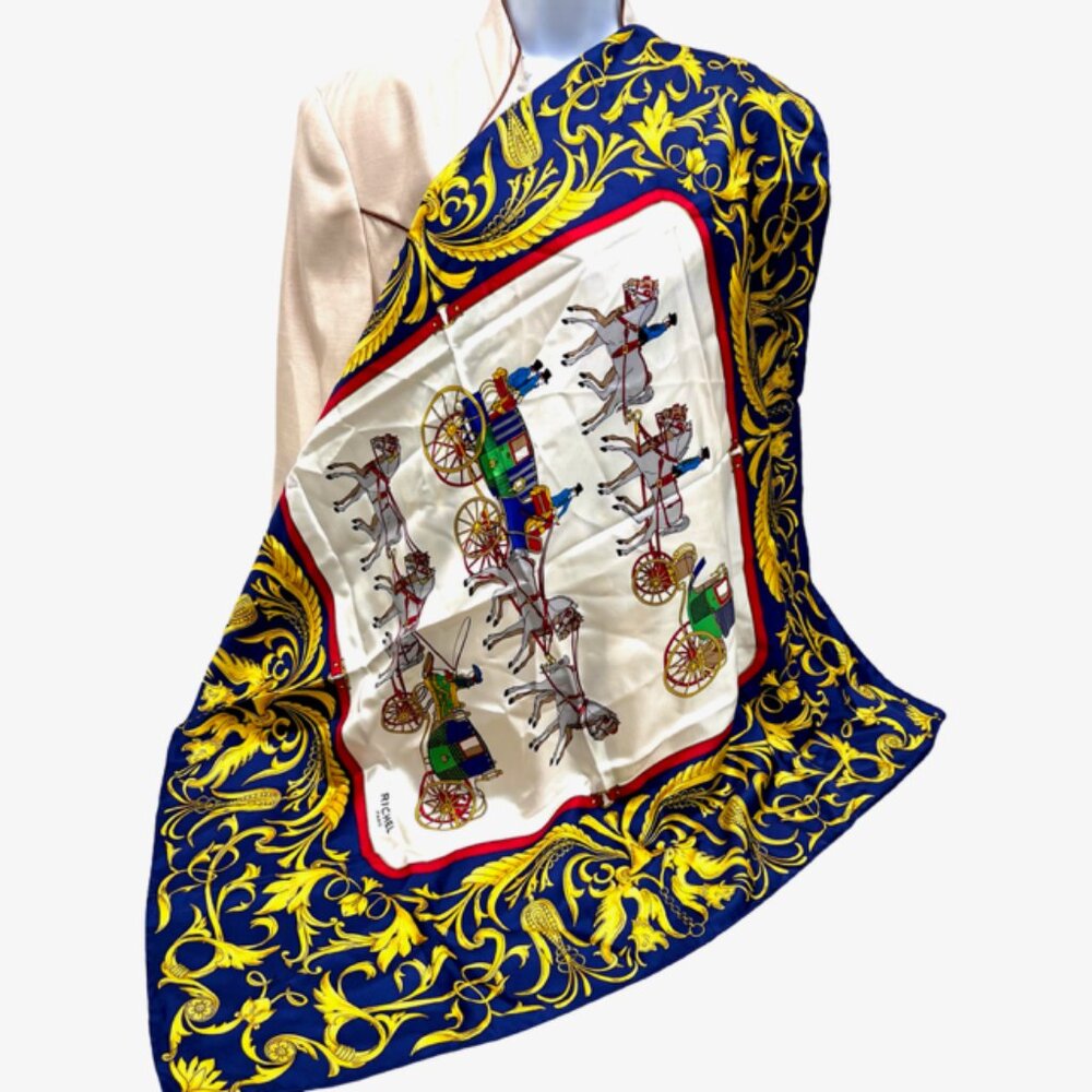 RICHEL Paris Silk Satin Scarf 34" blue gold white horse carriage, Italy Made(57 - Picture 4 of 9